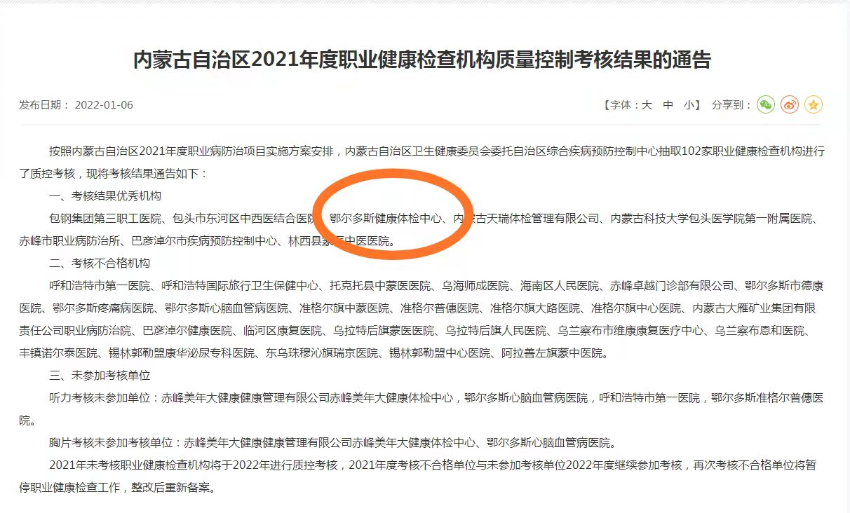 热烈祝贺：鄂尔多斯健康体检中心荣获优秀机构